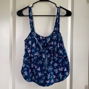 Junior XL Copper Key Blue Floral Print Cropped Tank with knotted front